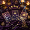 A mystical 3-card tarot spread on dark velvet with candlelight