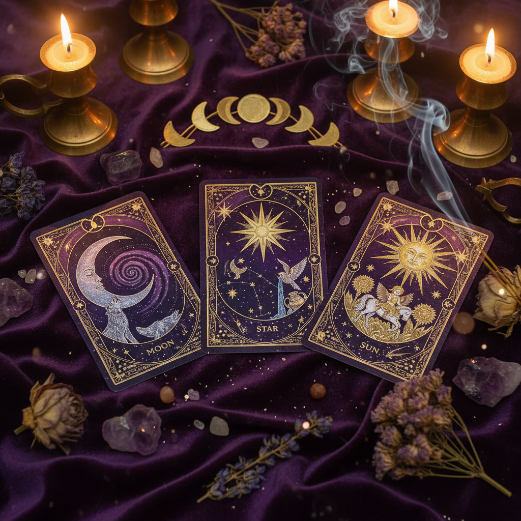 A mystical 3-card tarot spread on dark velvet with candlelight